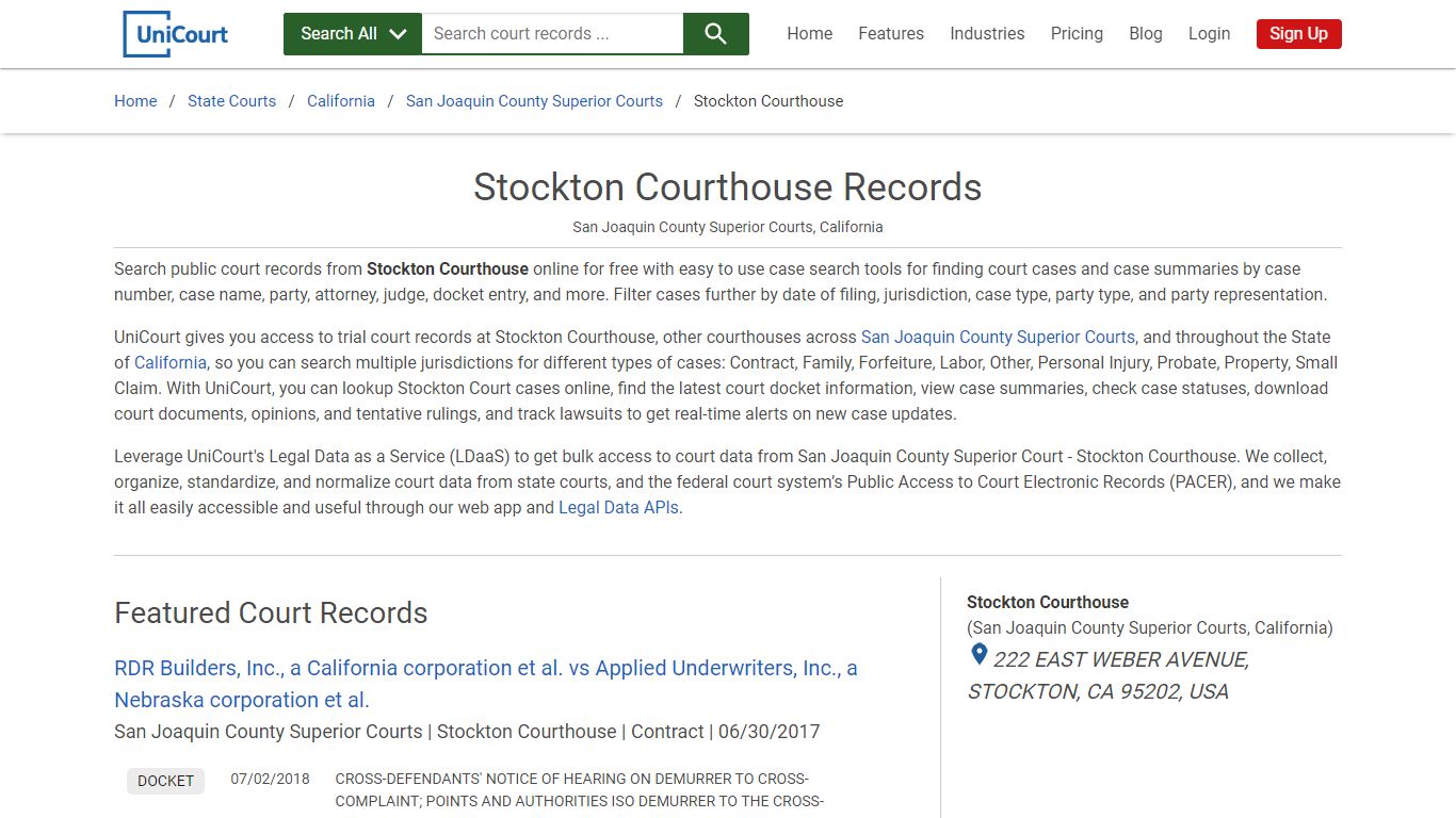 Stockton Courthouse Records | San Joaquin | UniCourt