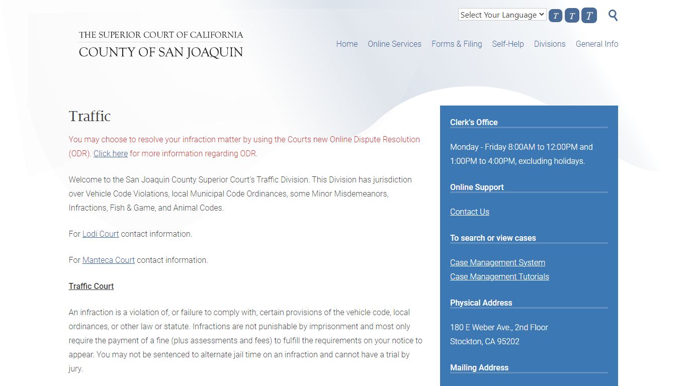 Traffic – Superior Court of CA – County of San Joaquin